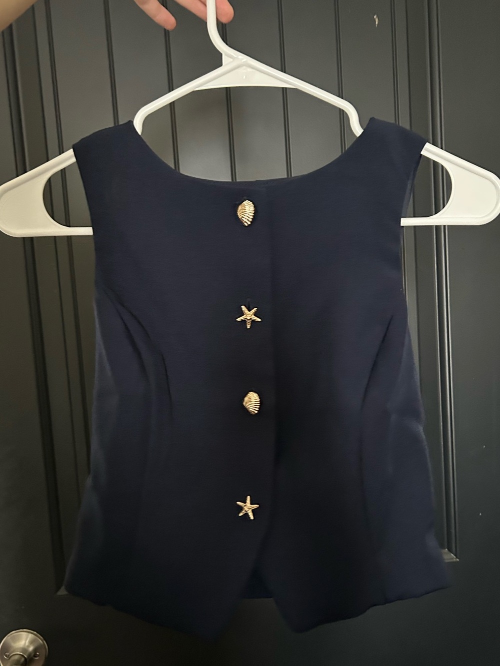 Monteau Navy Sleeveless Shell Top with Gold Sea Charm Buttons